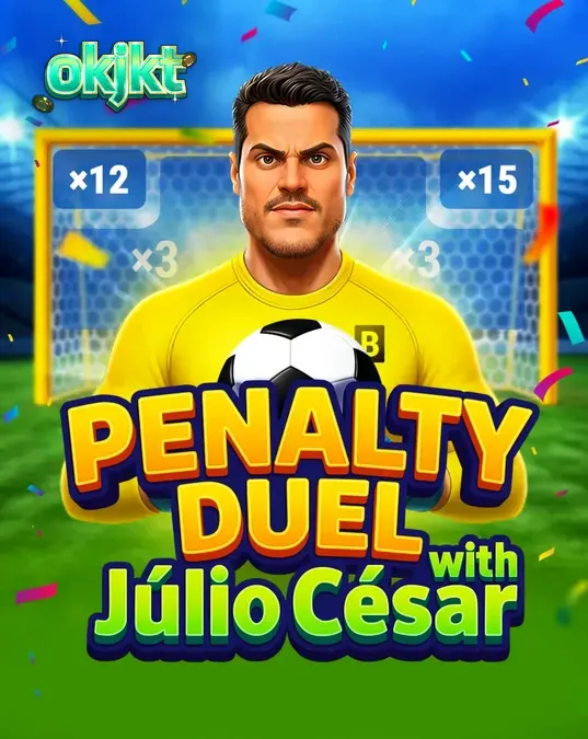 Tampilan antarmuka game Penalty Duel with Júlio César dengan latar stadion sepak bola.